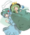  backpack bad_id bad_pixiv_id bag black_hat blouse blue_dress blue_eyes blue_hair bow commentary_request directional_arrow dress eager green_backpack green_eyes green_hair green_hat hair_bobbles hair_ornament hat hat_bow hunched_over in_bag in_container in_sack kawashiro_nitori komeiji_koishi long_sleeves misha_(hoongju) multiple_girls open_mouth pocket sack short_hair smile string take_it_home teeth third_eye touhou two_side_up yellow_blouse 