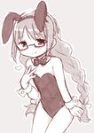  akemi_homura animal_ears bow bowtie braid bunny_ears bunnysuit detached_collar glasses idu_michito long_hair mahou_shoujo_madoka_magica monochrome solo twin_braids twintails wrist_cuffs 