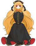  :&lt; bad_id bad_pixiv_id black_dress blonde_hair chinese_clothes commentary_request dress hat junko_(touhou) long_hair long_sleeves looking_at_viewer misha_(hoongju) red_eyes solo tabard touhou very_long_hair wide_sleeves 