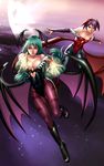  animal_print aqua_hair bare_shoulders bat_print black_footwear black_leotard blue_legwear boots demon_wings flying green_hair head_wings highleg highleg_leotard knee_boots leotard lilith_aensland liteboxxx long_hair moon morrigan_aensland multiple_girls olei outstretched_arms pantyhose parted_lips print_legwear purple_legwear red_leotard short_hair spread_arms vampire_(game) very_short_hair wings 