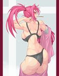  amputee ass back backboob baiken bandages black_bra black_panties blush bra breasts commentary_request from_behind guilty_gear large_breasts long_hair looking_back panties pillarboxed pink_eyes pink_hair ponytail slender_waist solo thick_thighs thighs underwear undressing yoshitsuki 