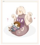 =3 androgynous animal_ears bad_deviantart_id bad_id blush breasts brown_hair claws closed_eyes commentary dress fang frisk_(undertale) goat_ears goat_girl horns lap_pillow large_breasts lesser_dog shorts sitting smile snout toriel undertale when_you_see_it whistle_frog yellow_eyes yokozuwari 