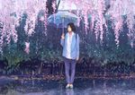 backpack bag black_hair cardigan cherry_blossoms collarbone dress_shirt gemi holding holding_umbrella leaf long_sleeves looking_to_the_side no_socks original outdoors pants petals rain reflection shirt shoes short_hair smile solo standing tree umbrella white_shirt wing_collar 