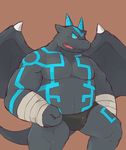  2012 anthro bandage biceps blue_eyes blue_skin bulge cloth clothed clothing dragon fangs flappydog grey_skin horn male markings muscular navel open_mouth pecs pose reptile scales scalie sharp sitting slightly_chubby solo speedo swimsuit teeth tongue topless underwear wings 