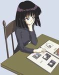  bishoujo_senshi_sailor_moon black_hair black_shirt blue_background chair chin_rest hino_ryutaro light_smile photo_(object) photo_album purple_eyes shirt short_hair solo table tomoe_hotaru 