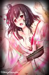  after_sex black_hair blush body_writing breasts commentary_request cum cum_on_body cum_on_clothes cum_on_upper_body empty_eyes hair_ornament japanese_clothes kantai_collection kimono kimura_shuuichi long_hair lying medium_breasts off_shoulder on_back open_mouth petals red_eyes solo tally tears yamashiro_(kantai_collection) yukata 