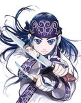  absurdres ainu ainu_clothes asirpa bandana blue_eyes blue_hair child dual_wielding earrings fighting_stance floating_hair glint golden_kamuy highres holding holding_knife holding_weapon hoop_earrings jewelry jpeg_artifacts knife long_hair long_sleeves looking_at_viewer noda_satoru official_art reflection scar serious simple_background solo sugimoto_saichi upper_body weapon white_background 