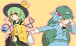  backpack bad_id bad_pixiv_id bag black_hat blouse blue_dress blue_eyes blue_hair bow commentary_request dirty_clothes dirty_face dress green_backpack green_eyes green_hair green_hat green_skirt hair_bobbles hair_ornament handkerchief hat hat_bow hat_over_one_eye heart heart_of_string kawashiro_nitori key komeiji_koishi long_sleeves looking_away misha_(hoongju) multiple_girls outline pocket short_hair skirt skirt_lift third_eye touhou two_side_up yellow_blouse yellow_bow 