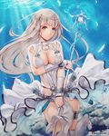  aqua_eyes bracelet breast_hold breasts circlet cleavage covering covering_crotch feathers groin jewelry large_breasts long_hair looking_at_viewer official_art remana revealing_clothes silver_hair skindentation smile solo staff thigh_strap thighhighs unmei_no_clan_battle white_legwear 