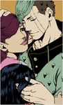  2boys artist_name black_hair closed_eyes facial_mark family flat_color green_eyes green_hair group_hug hair_over_one_eye higashikata_joubin higashikata_mitsuba higashikata_tsurugi highres hug jojo_no_kimyou_na_bouken jojolion laura_maria multiple_boys purple_hair signature smile 