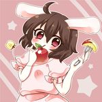  ahoge animal_ears apple apple_slice blush brown_hair bunny_ears covering_mouth food fork frilled_sleeves frills fruit hair_between_eyes inaba_tewi jewelry looking_at_viewer necklace pink_eyes puffy_short_sleeves puffy_sleeves s-s_(ss) short_sleeves solo star touhou 