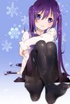  arm_on_knee black_legwear blue_background blush crossed_legs eyebrows_visible_through_hair gochuumon_wa_usagi_desu_ka? gradient gradient_background hair_between_eyes highres inohara_(guilty_crown0528) long_hair long_sleeves looking_at_viewer pantyhose purple_eyes purple_hair sitting smile snowflakes solo tedeza_rize twintails very_long_hair 