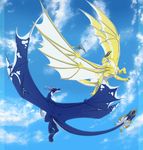  axirpy blue_fur dragon feathers feral fluffy flying fur furred_dragon ignitetheblaize lothar sky white_fur wings yellow_fur 