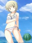  ass_visible_through_thighs ball beachball bikini blonde_hair blush breasts cleavage cloud day food front-tie_top fruit groin ichii_yui low_twintails medium_breasts morishi navel ocean short_hair side-tie_bikini side-tie_bottom sky solo swimsuit twintails wading watermelon white_bikini yellow_eyes yuyushiki 