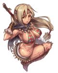  armpits bangs barbara_(sen_no_kaizoku) bikini_top breasts butt_crack cape cleavage elbow_gloves facial_tattoo floating_hair from_above from_side full_body fur_trim gloves grin hair_between_eyes hair_tubes headband holding holding_sword holding_weapon large_breasts long_hair looking_at_viewer looking_back low-tied_long_hair orange_eyes over_shoulder po_ni sen_no_kaizoku sideboob silver_hair simple_background smile solo sword sword_over_shoulder tattoo thigh_strap very_long_hair weapon weapon_over_shoulder white_background 