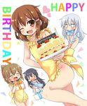  :d ;d ^_^ akatsuki_(kantai_collection) alternate_costume apron blush box brown_eyes brown_hair cake candle closed_eyes commentary_request fang folded_ponytail food gift gift_box hair_ornament hairclip hands_on_hips happy_birthday heart hibiki_(kantai_collection) highres ikazuchi_(kantai_collection) inazuma_(kantai_collection) jitome kantai_collection long_hair mouth_hold multiple_girls naked_apron nearly_naked_apron one_eye_closed open_mouth oshiruko_(uminekotei) panties purple_hair short_hair silver_hair smile solid_eyes solid_oval_eyes underwear wavy_mouth white_panties |_| 