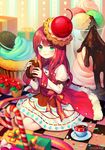  blush box candy candy_cane cherry chocolate_syrup cookie cup cupcake doughnut dress eating food fruit gift gift_box green_eyes hat ice_cream lips long_hair long_sleeves oreo original oversized_object plate red_hair ruk_(spi1116) sitting smile solo sprinkles sweets 