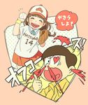  1girl alternate_costume armband baseball baseball_cap baseball_mitt blood blush braid brown_hair freckles hat heart heart-shaped_pupils highres izumi_(milkywhite2) jumpsuit juushimatsu's_girlfriend long_hair looking_at_viewer matsuno_juushimatsu nosebleed osomatsu-kun osomatsu-san pink_background smile symbol-shaped_pupils thumbs_up 