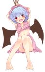  angry aoi_(annbi) armpits arms_behind_head bad_feet barefoot bat_wings bdsm blue_hair blush bound bound_wrists crying crying_with_eyes_open d: fangs full_body highres legs looking_at_viewer navel open_mouth red_eyes remilia_scarlet shirt short_hair simple_background skirt solo tears tied_up toes torn_clothes torn_shirt touhou v-shaped_eyebrows white_background wings 