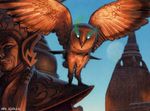  avian beak bird close-up duo feral front_view glowing glowing_eyes headgear human kev_walker looking_at_viewer magic_the_gathering mammal moon official_art on_shoulder owl restricted_palette signature solo_focus spread_wings traditional_media_(artwork) wings 
