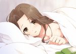  blush breasts brown_eyes brown_hair forehead_protector headband_removed jewelry jintsuu_(kantai_collection) kantai_collection long_hair looking_at_viewer lying medium_breasts naked_sheet nude open_mouth pillow plum_(arch) ring smile solo under_covers upper_body wedding_band 