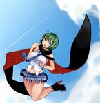  adapted_costume antennae aoshima bare_arms blue_eyes blue_sky cloud commentary_request day green_hair high_heels highres looking_at_viewer miniskirt navel necktie open_mouth scarf shirt short_hair skirt sky sleeveless sleeveless_shirt solo touhou wriggle_nightbug 