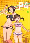  aqua_eyes bikini black_bikini black_hair breasts brown_eyes brown_hair child collarbone commentary_request doujima_nanako frilled_bikini frills hair_ribbon highres marie_(persona_4) medium_breasts multiple_girls navel open_mouth persona persona_4 persona_4_the_golden pink_bikini polka_dot polka_dot_bikini polka_dot_swimsuit ribbon short_hair side-tie_bikini small_breasts smile swimsuit twintails yuksi 