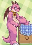  aliasing anthro apron barefoot blush collar covering covering_crotch discarded_clothing dragon eyewear featureless_crotch female glasses grumpyvulpix horn mrs._shoutfire naughty_face nude pendant scalie signature spyro_the_dragon step_pose suggestive tongue tongue_out video_games wings 
