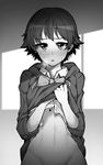  blush bottomless greyscale honda_mio idolmaster idolmaster_cinderella_girls jacket jp06 looking_at_viewer monochrome no_panties short_hair solo 