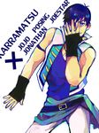  bad_id bad_twitter_id blue_eyes blue_hair character_name f6 fingerless_gloves gloves idol jojo_no_kimyou_na_bouken jojo_pose looking_at_viewer male_focus matsuno_karamatsu osomatsu-kun osomatsu-san parody pose simple_background sleeveless solo white_background yuu_knight3858 