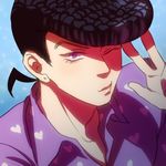  bad_id bad_pixiv_id black_hair collared_shirt earrings heart heart_print higashikata_jousuke jewelry jojo_no_kimyou_na_bouken lowres male_focus one_eye_closed pompadour portrait purple_eyes rin2010 shirt solo v 