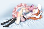  2016 accelo accelo_(artist) anthro bell bite clothing duo feline garter_belt ginger_hair hair hideaki_(character) legwear leopard lying lynx male male/male mammal masturbation neck_bite nude orange_hair penis stockings 