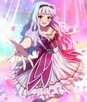  :d hairband highres hina_(araburu-hinadori) idolmaster idolmaster_(classic) long_hair open_mouth outstretched_arms outstretched_hand petals purple_eyes shijou_takane silver_hair smile solo starry_fairy 