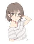  :&gt; bad_id bad_pixiv_id collarbone glasses green_eyes hair_ornament hairpin hand_to_head highres looking_at_viewer original short_hair simple_background solo uni_(melm) white_background 
