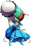  :o baba_(baba_seimaijo) backpack bag blue_eyes blue_hair boots cabbie_hat cucumber d: full_body hair_bobbles hair_ornament hat highres huge_weapon kappa kawashiro_nitori key missile open_mouth pocket pointing pose pouch rubber_boots shouting skirt skirt_set solo tachi-e touhou transparent_background two_side_up v-shaped_eyebrows vest weapon |_| 
