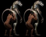  3d_(artwork) anal anthro armor black_background blue_eyes butt cgi clothed clothing cross_eye_stereogram digital_media_(artwork) duo hair hand_on_butt human looking_back male male/male mammal nude oral partially_clothed raised_tail rimming scalie sex sharp_teeth simple_background standing stereogram tattoo teeth unknown_artist 