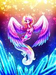  &lt;3 2015 9de-light6 abstract_background crystal cutie_mark equine feathered_wings feathers female feral flying friendship_is_magic fur hair horn mammal multicolored_feathers multicolored_hair my_little_pony pink_fur princess_cadance_(mlp) purple_eyes smile solo spread_wings winged_unicorn wings 
