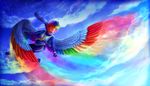  2015 9de-light6 anthro clothing cloud equine eyewear feathered_wings feathers female flying friendship_is_magic fur gloves glowing goggles hair hi_res mammal multicolored_feathers multicolored_hair my_little_pony outside pegasus pink_skin rainbow_dash_(mlp) rainbow_feathers rainbow_hair sky solo star wings 