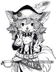  furry hat koucha_inu looking_at_viewer monochrome open_mouth simple_background smile solo sword v weapon white_background 