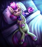  2015 9de-light6 bed blanket crying dessert doll eating equine female feral food friendship_is_magic fur hair horn ice_cream looking_at_viewer lying magic mammal moondancer_(mlp) multicolored_hair my_little_pony on_back pillow purple_eyes solo spoon tears twilight_sparkle_(mlp) unicorn white_fur 