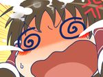 @_@ anger_vein bad_id bad_pixiv_id banned_artist blush brown_hair commentary_request crying emphasis_lines face full-face_blush hair_tubes hakurei_reimu highres okahi open_mouth simple_background solo steam sweatdrop tears touhou wavy_mouth yellow_background 