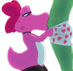  &lt;3 &lt;3_eyes ambiguous_gender anon birdo bow clothing collar duo edit eyelashes legwear male mario_bros nintendo oral penis purple_eyes saliva simple_background standing stockings unauthorized_edit underwear unknown_artist video_games white_background 