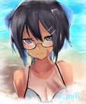  artist_name bikini_top black_hair blue_eyes blue_ribbon blush dorei_to_no_seikatsu_~teaching_feeling~ glasses hair_ornament hair_ribbon hairclip ocean ribbon samimitan scar smile solo swimsuit sylvie_(dorei_to_no_seikatsu) tan tanline 