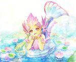  alternate_costume facial_mark flower green_hair green_skin league_of_legends lily_pad long_hair lotus mermaid mizoreame monster_girl nami_(league_of_legends) open_mouth river_spirit_nami solo traditional_media water yellow_eyes 