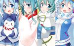  2014 2015 2016 4girls :d ;) blue_eyes blue_hair blush capelet coat double_v fur_trim gloves hatsune_miku holding long_hair long_sleeves looking_at_viewer multiple_girls one_eye_closed open_mouth sidelocks smile snow_fairy_story_(vocaloid) snowman snowmi split_screen upper_body v very_long_hair vocaloid white_gloves winter_clothes winter_coat yuki_miku 