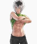  abs asura_(fire_emblem_if) black_hair fire_emblem fire_emblem_if grey_background hashiko_(neleven) male_focus multicolored_hair simple_background solo two-tone_hair undressing white_hair yellow_eyes 