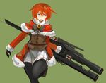  arceonn bell black_gloves black_legwear blue_eyes bow breastplate buruma capelet christmas cowboy_shot fur_trim gloves green_background huge_weapon jacket original pantyhose railgun red_hair red_jacket short_hair skirt solo weapon 