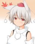  absurdres animal_ears autumn_leaves bare_shoulders breasts detached_sleeves expressionless garasuita gradient gradient_background hat highres inubashiri_momiji large_breasts leaf looking_at_viewer pom_pom_(clothes) red_eyes short_hair silver_hair solo tokin_hat touhou wolf_ears 