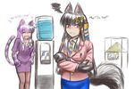  :d alternate_costume animal_ears anubis_(monster_girl_encyclopedia) black_hair blush bwsnowy cat_ears cat_tail cheshire_cat_(monster_girl_encyclopedia) closed_eyes commentary crossed_arms embarrassed english fur hair_ornament highres hime_cut laughing long_hair looking_at_viewer monster_girl monster_girl_encyclopedia multicolored_hair multiple_girls necktie office_lady open_mouth paws purple_hair red_eyes simple_background smile squiggle striped_tail tail two-tone_hair very_long_hair water_cooler white_background 
