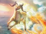  caprine cloudscape feral fire flying front_view glowing glowing_eyes goat hooves horn kirin magic_the_gathering mammal official_art ryan_barger sky 